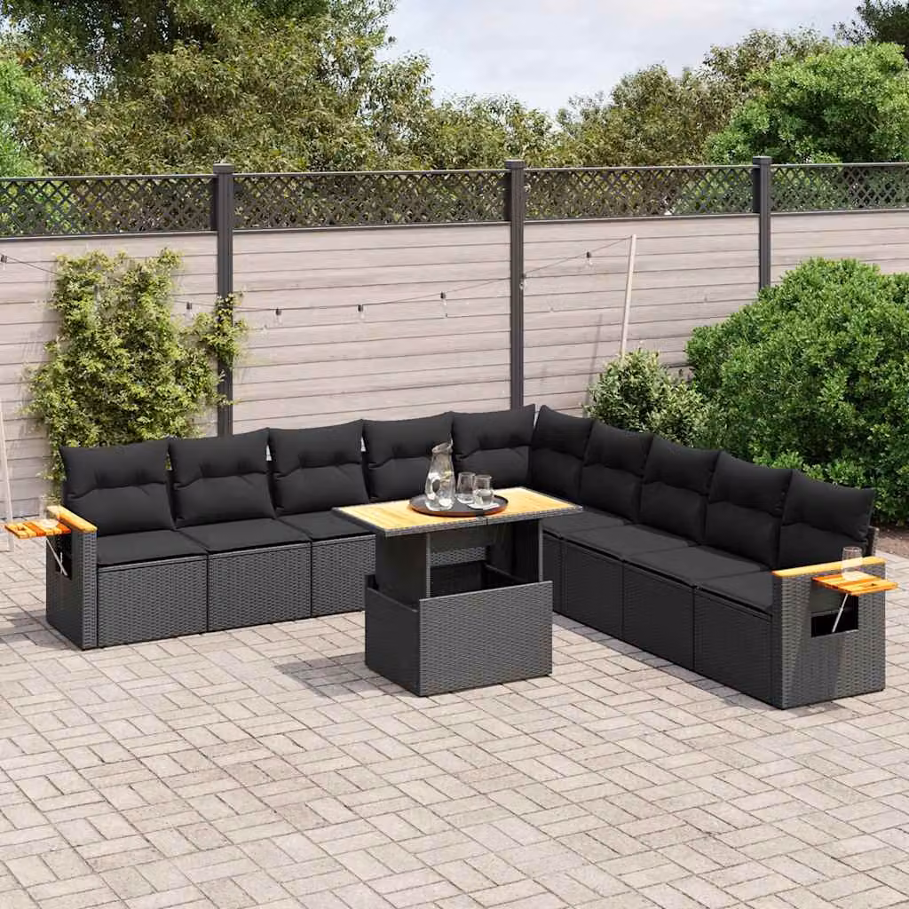 vidaXL Set Divani da Giardino 11 pz in Polyrattan Nero con Cuscini e Tavolino da Esterno – 1