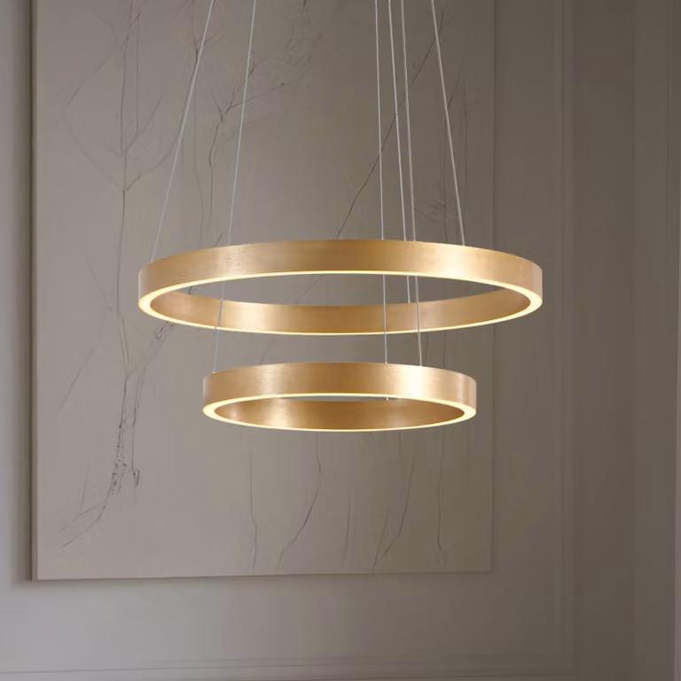 Lucande Lampada a sospensione LED Yonam, Ø 60 cm, 2 luci, oro, CCT Yonam Lucande, dimmerabile, Ottone / Oro, Soggiorno / Sala da pranzo, Metallo, Moderno