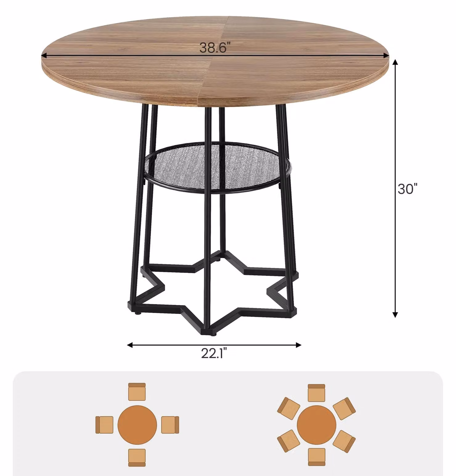 Tavolo rotondo da pranzo, diametro 98 cm - Tavolo da cucina con ripiano inferiore - Salvaspazio, ideale per piccoli ambienti - Piano in legno con struttura in metallo - Ripiano a griglia inferiore - Per 4 persone - Colore kaki