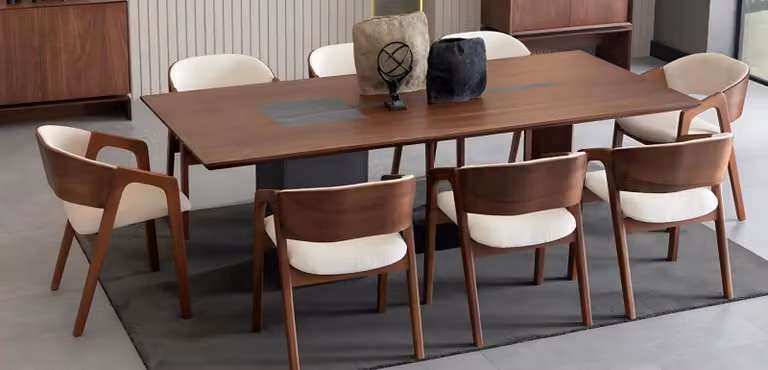 Set da pranzo nei toni del marrone-beige: elegante tavolo da cucina e 8 sedie in tessuto (9 pezzi)