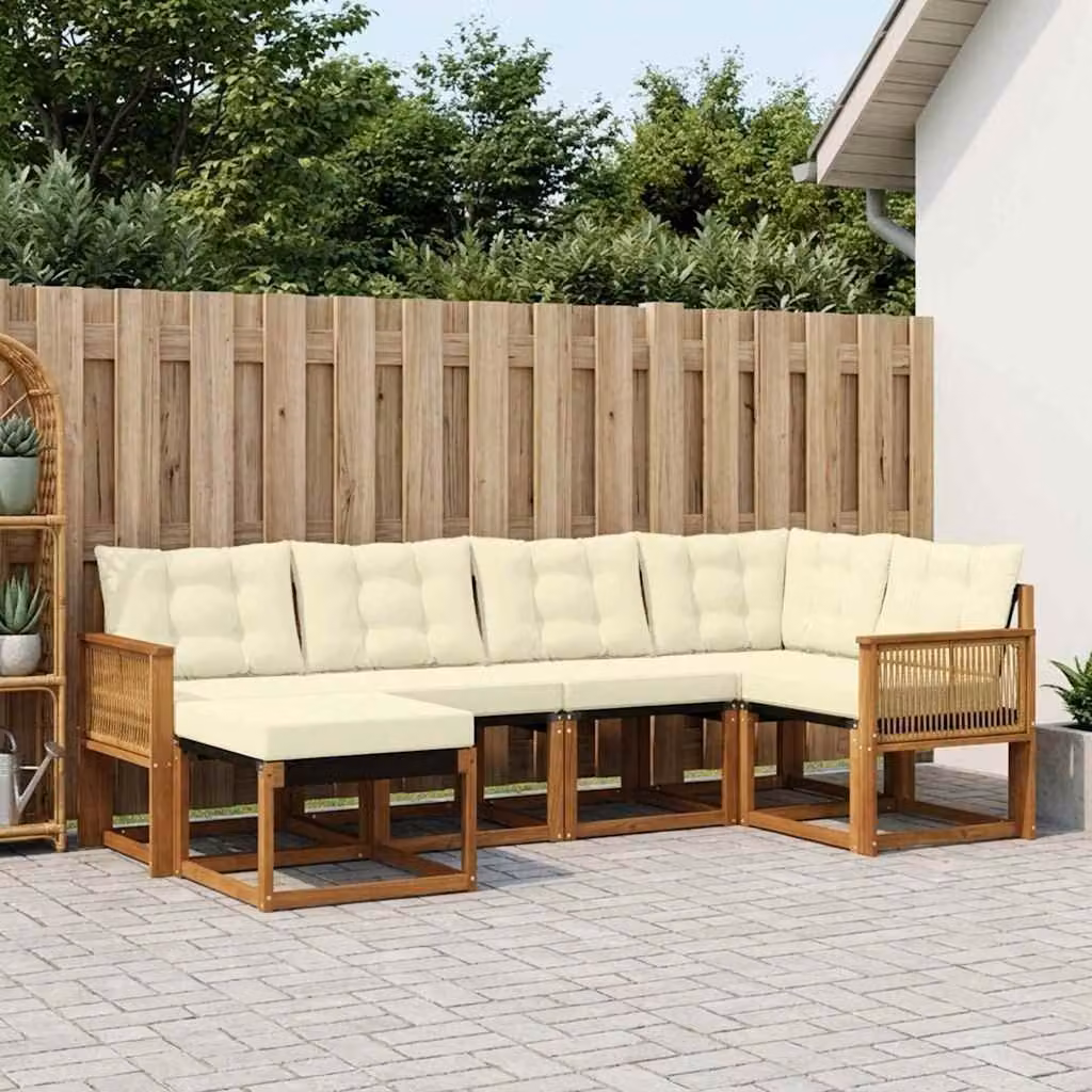 Set di divani da esterno vidaXL a forma di L composto da 6 pezzi in legno di acacia con cuscini inclusi, colore marrone, beige e bianco