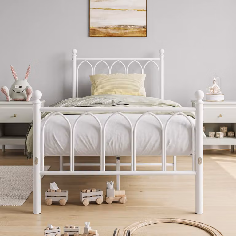 Letto singolo in metallo, dimensioni 90x190 cm, colore bianco, capacità di carico fino a 200 kg