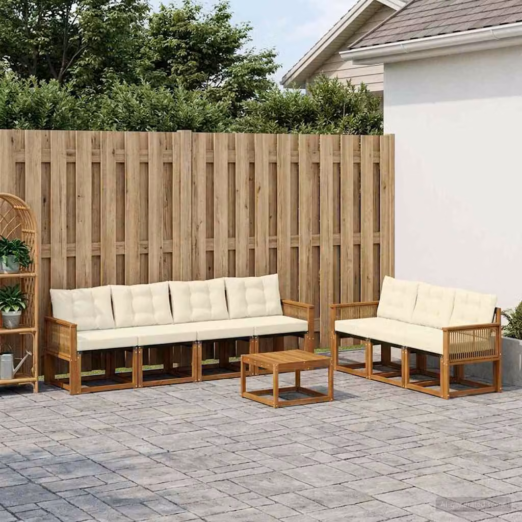 Set di divani da esterno vidaXL 8 pz in legno di acacia con tavolino e cuscini, colore beige e bianco