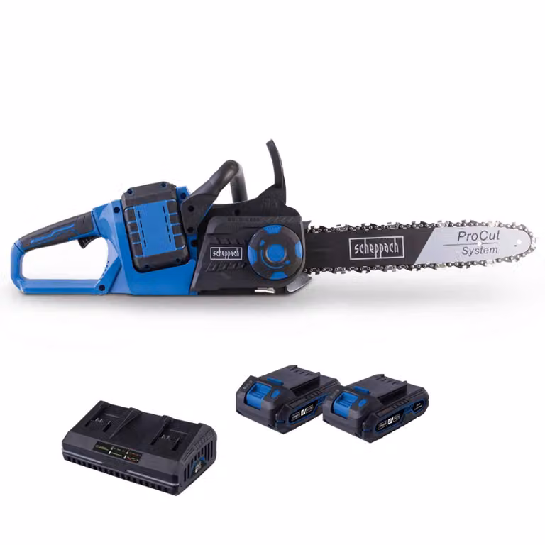 Motosega a batteria Scheppach BC-CS355Duo-X | Lama ProCut da 14'' / 35,6 cm | Motore brushless | 20 V | Avvio graduale | incl. 2 batterie da 2 Ah + doppio caricabatterie da 2,4 A