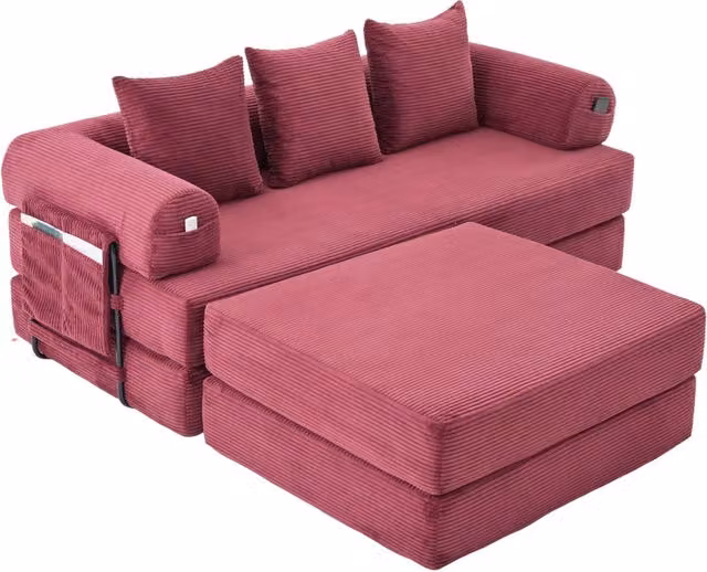 Divano modulare in velluto a coste bordeaux con poggiapiedi e struttura metallica resistente, 200x190x67 cm