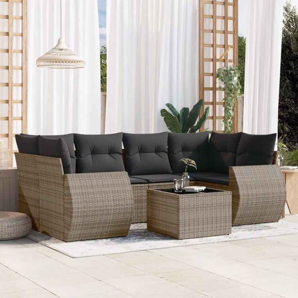 Set di divani da giardino vidaXL 7 pezzi con cuscini grigi in rattan e struttura in acciaio rivestito in polvere – 1