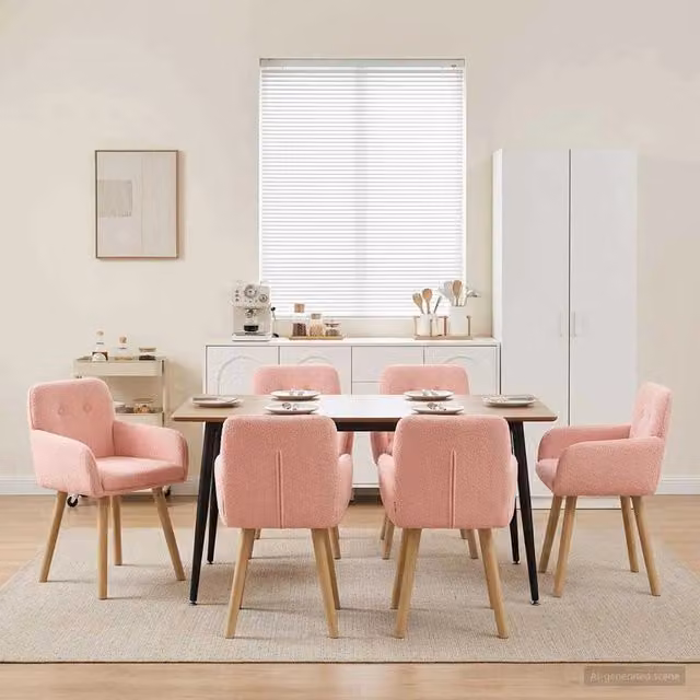 Set di 6 sedie da pranzo moderne vidaXL in tessuto bouclé rosa con struttura in legno e metallo, L: 59 cm, P: 56,5 cm, H: 85 cm