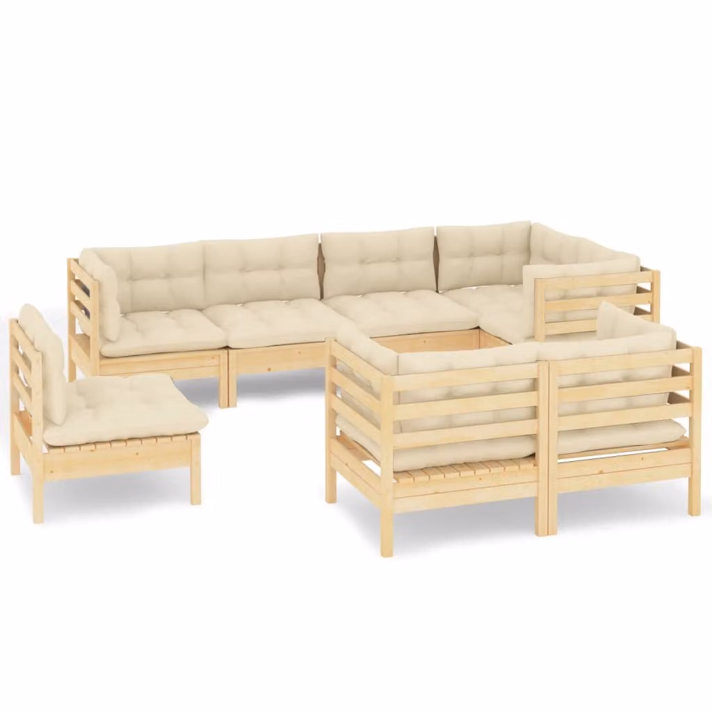 Set Divani da Giardino 8 pz con Cuscini Crema in Massello di Pino