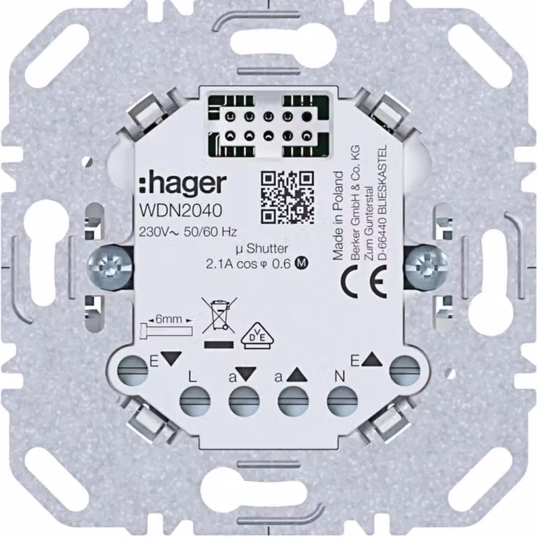 Hager, elemento di montaggio per persiane, 1 modulo, 230V, 2,1A, da incasso, ingresso secondario, A.x/C.x, 1 pezzo.