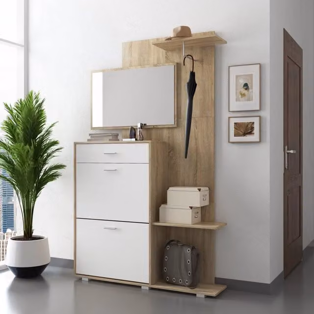 Mobile da ingresso Verres DMORA con specchio, finitura rovere marrone e bianco, L: 120 cm, P: 25 cm, H: 192 cm