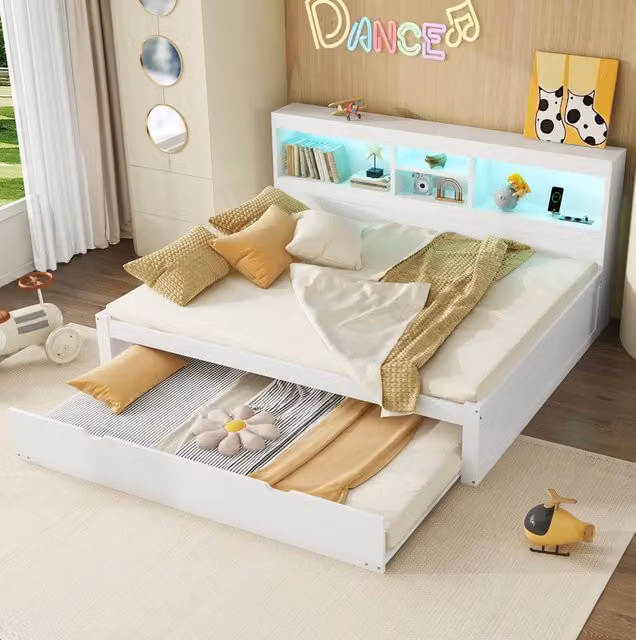 Letto estraibile 140x200 cm in MDF e pannelli bianco con LED salvaspazio senza materasso –