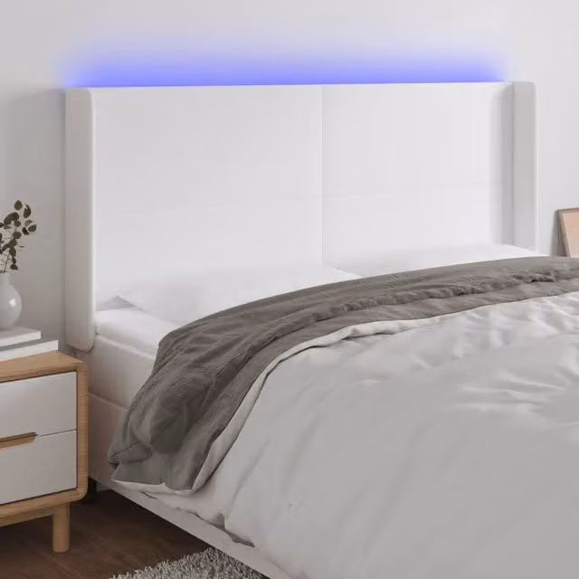 Testiera per letto con illuminazione LED e porta di ricarica USB vidaXL in similpelle bianca, L: 203 cm, P: 16 cm, H: 118-128 cm – 1