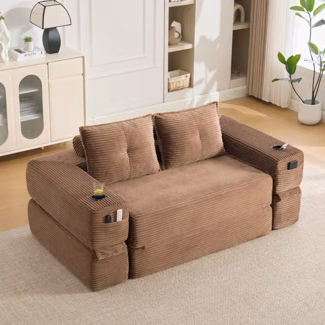 Divano letto REDOM in velluto a coste marrone con funzione letto e portabicchieri L: 180 cm, P: 98 cm, H: 80 cm