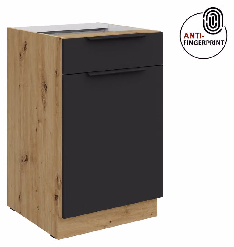 Mobile base da cucina da 50 cm, cucina ARIA nero ultra opaco + rovere Artisan opaco, frontali di alta qualità con rivestimento anti-impronta, blocco cucina