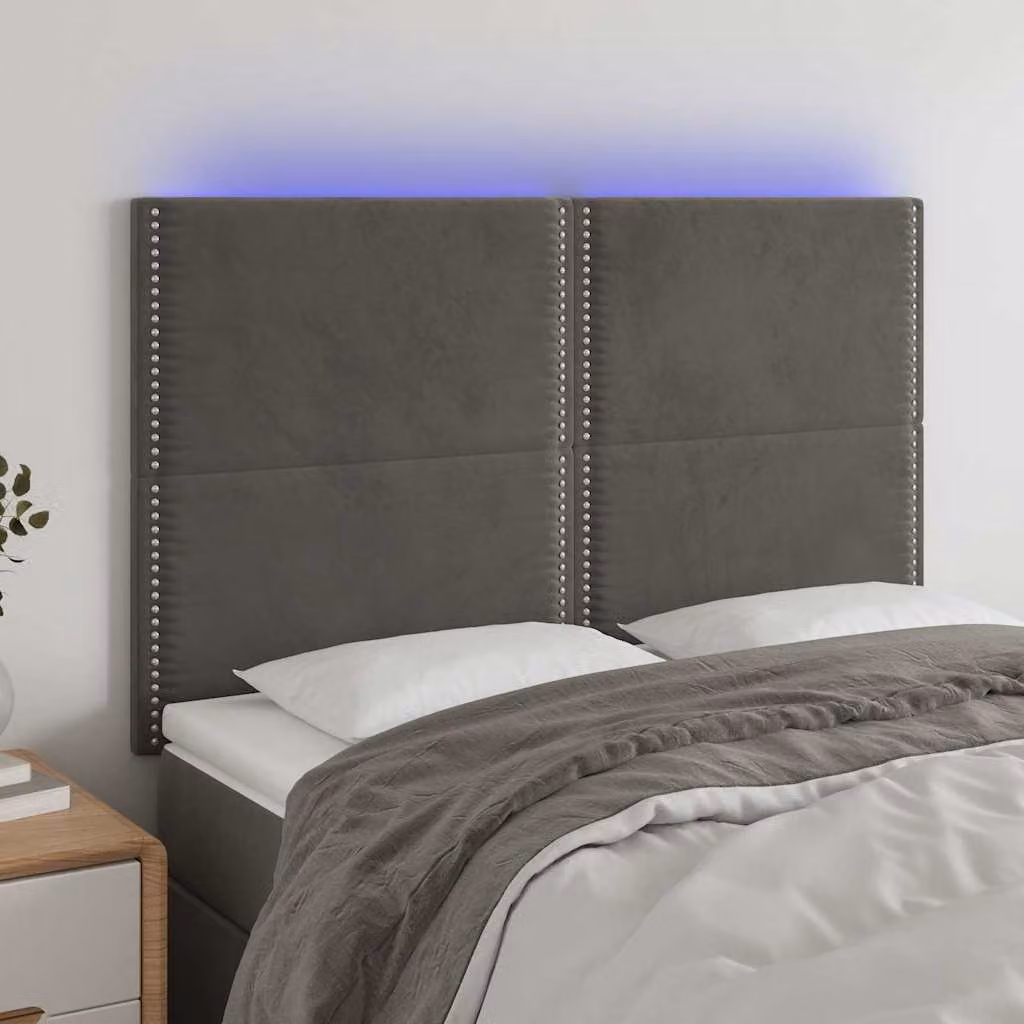 Testiera per letto vidaXL in velluto grigio con illuminazione LED e porta di ricarica USB, L: 144 cm, P: 5 cm, H: 118/128 cm