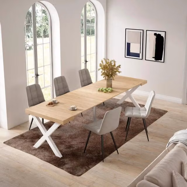 Consolle allungabile, 58 fino 302x90x73cm, Per 14 persone, Gambe in legno, colore Rovere RF2838