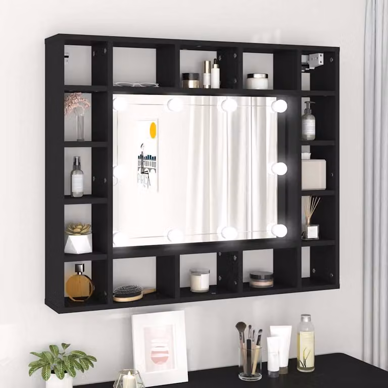 Armadietto a specchio con LED vidaXL nero per bagno con ante in vetro e ripiani interni L: 91 cm, P: 15 cm, H: 76,5 cm