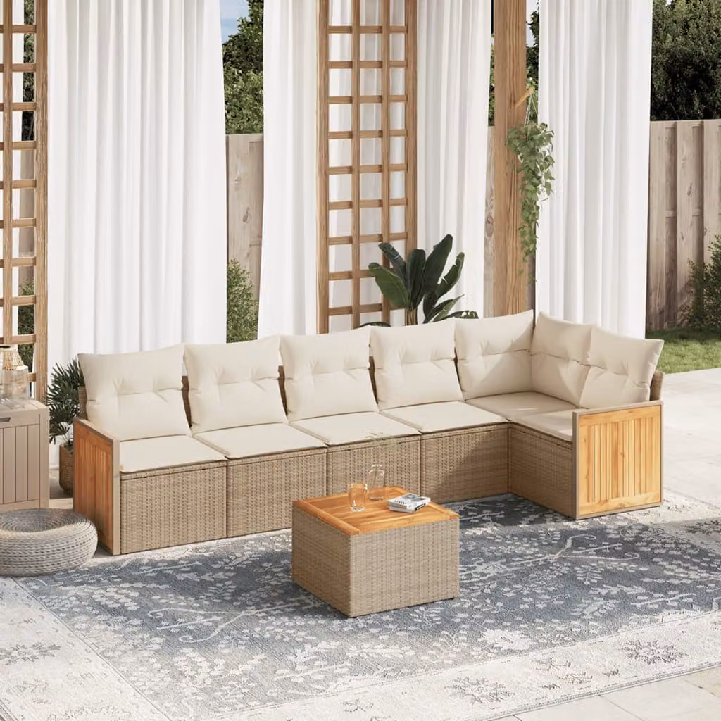 Set di divani da giardino vidaXL a forma di L composto da 7 pezzi con cuscini beige in polyrattan e tavolo da caffè per esterno – 1