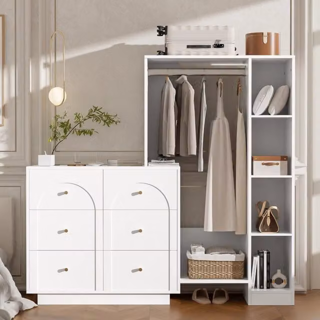 Armadio multiuso guardaroba ¨C Minimal ¨C Bianco con 6 cassetti, appendiabiti e ripiani, 139x35x133 cm