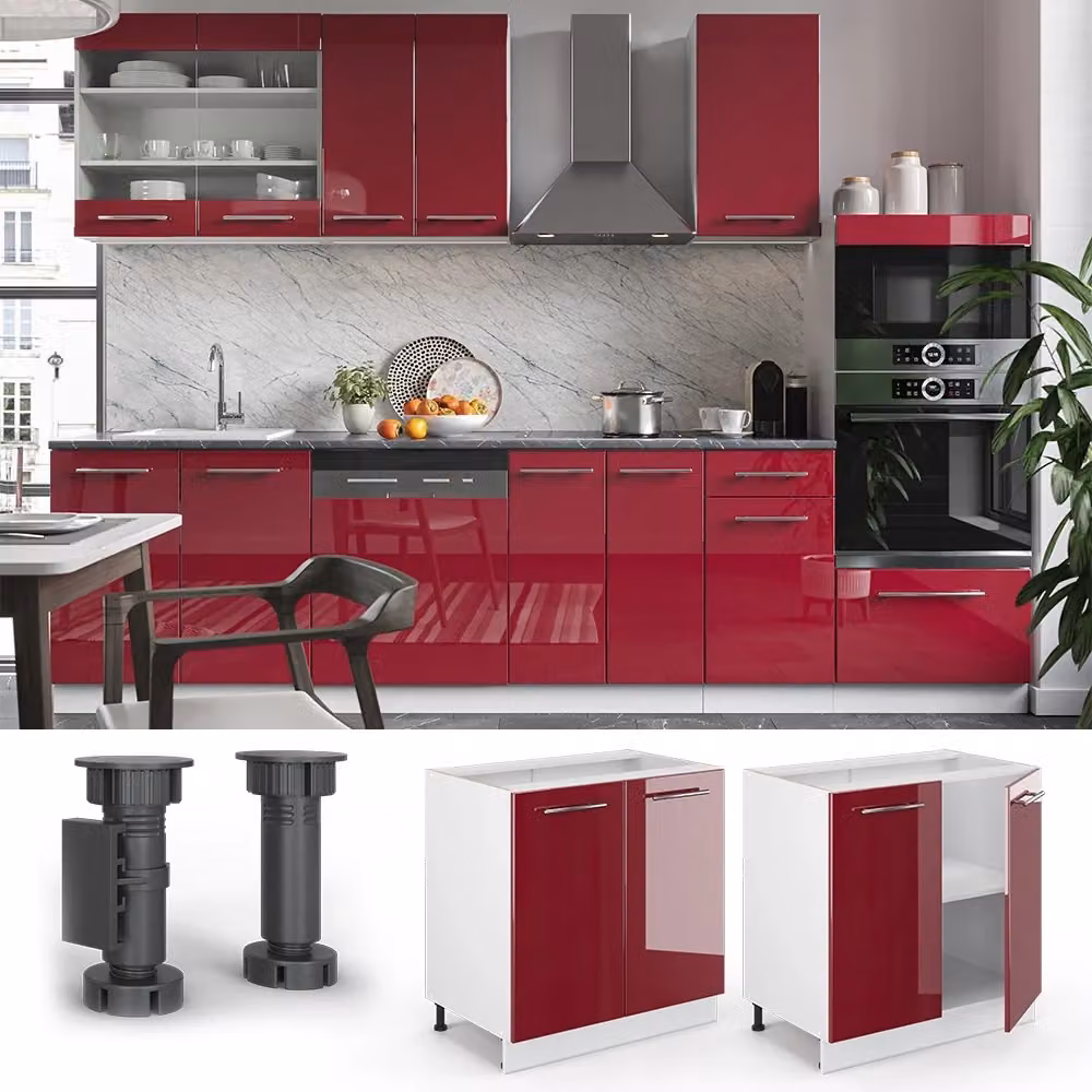 Mobiletto base cucina Vicco Fame-Line Bordeaux lucido e Bianco con piano in Rovere dorato, L: 80 cm, H: 82 cm, P: 60 cm – 2
