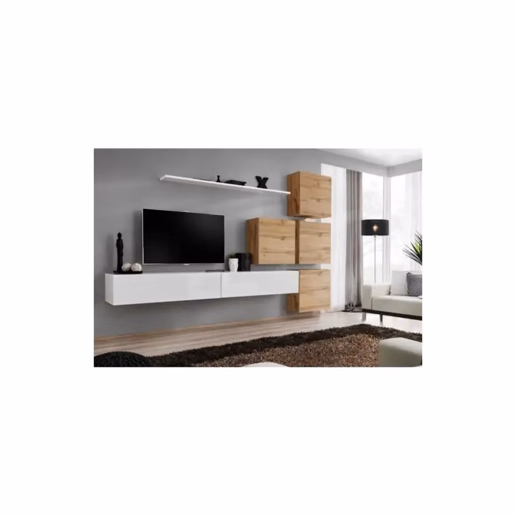 Composizione murale SWITCH IX Meublorama mobile TV sospeso bianco lucido e rovere Wotan L: 310 cm, H: 40 cm, P: 200 cm – 2
