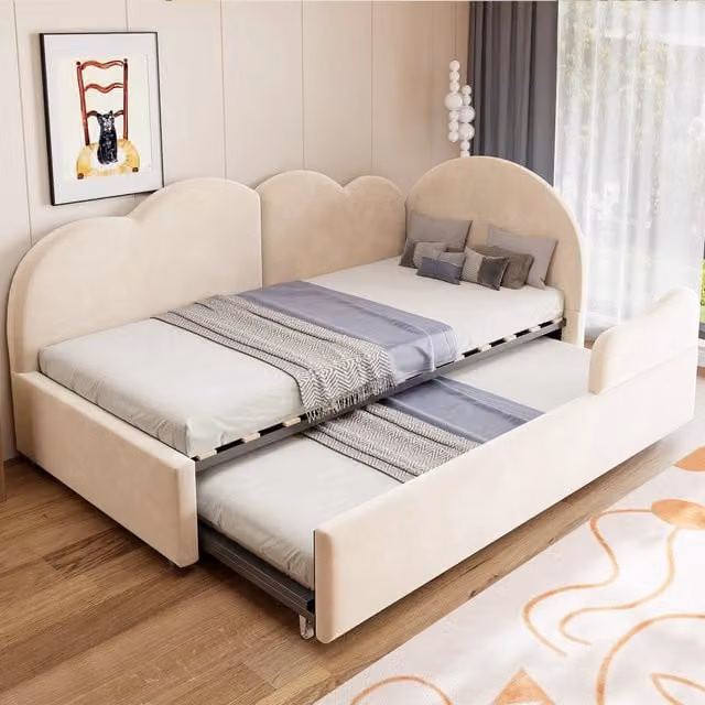 Divano letto a L REDOM in velluto beige con cassetto estraibile L/P/H: 180 x 200 x 90 cm