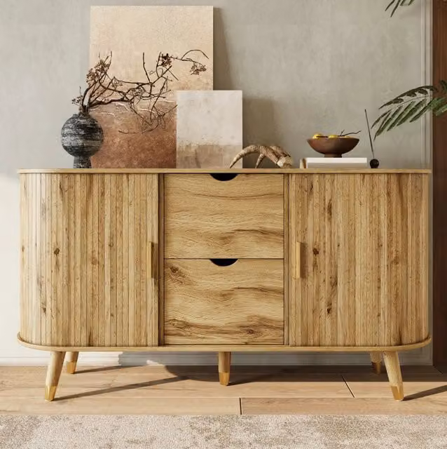 Sideboard in MDF con venatura verticale, 140x40x79,5 cm, con due ante scorrevoli, due cassetti e gambe in legno massello