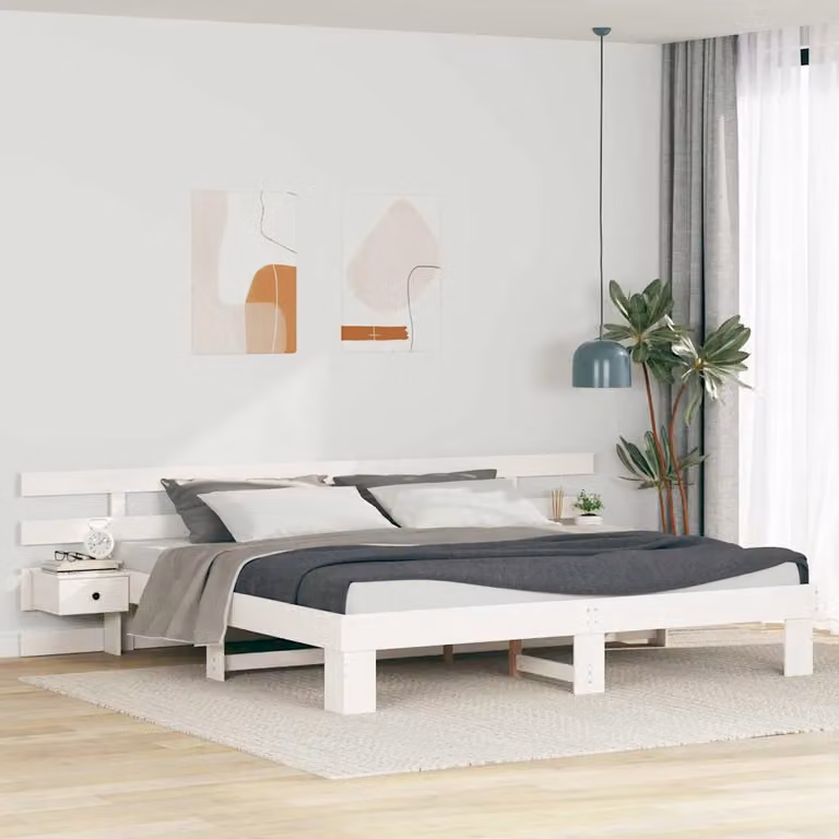 Struttura del letto moderna vidaXL in pino massello laccato bianco 200 x 200 cm