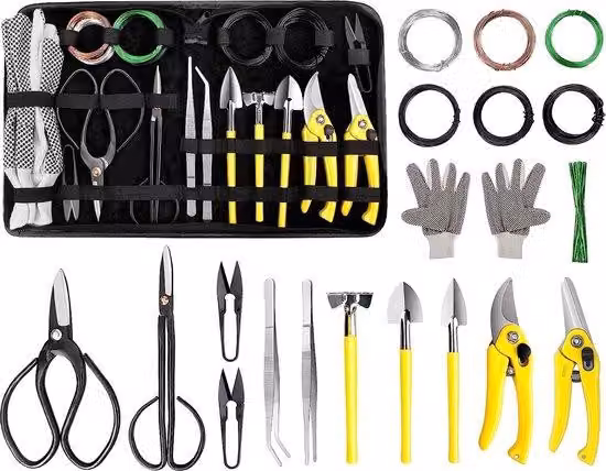 Set di strumenti per bonsai Unyqoos® da 19 pezzi: forbici Acciaio al carbonio 45# e A3, filo di 1,0/1,5/2,0 mm (5 metri per ogni diametro, vari colori), guanti XL, custodia in
