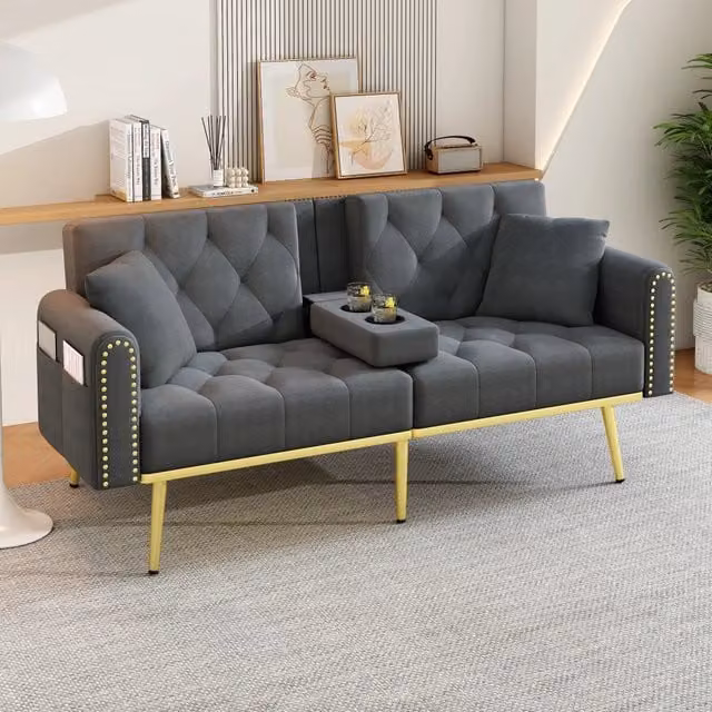 Divano letto MIVRAY a 2 posti in velluto grigio con schienale regolabile, portabevande e funzione click-clack, L: 175 cm, P: 73,5 cm, H: 80 cm