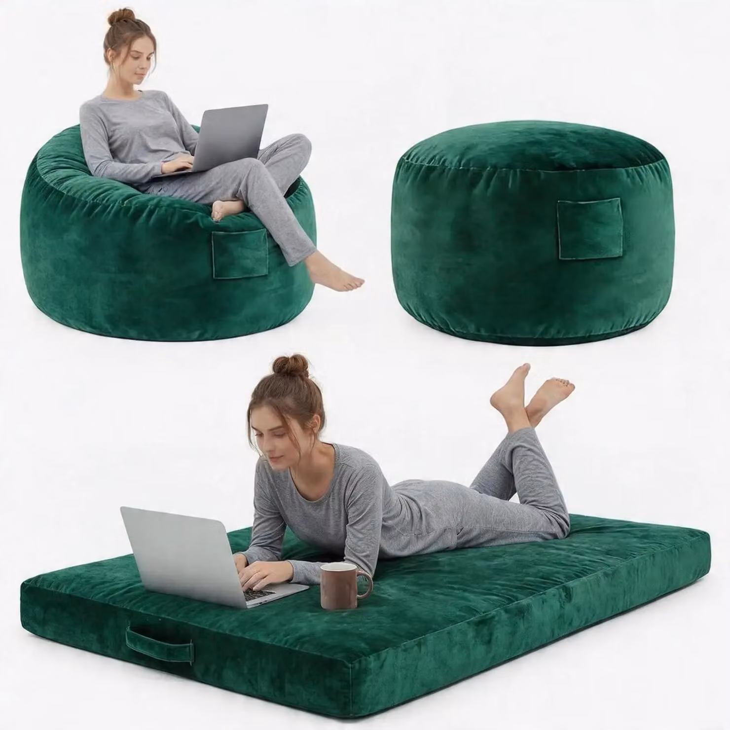 Divano pouf gigante - Divano letto a forma di L - Rivestimento in velluto - Imbottitura in schiuma - Adatto per soggiorno e camera da letto - Verde militare