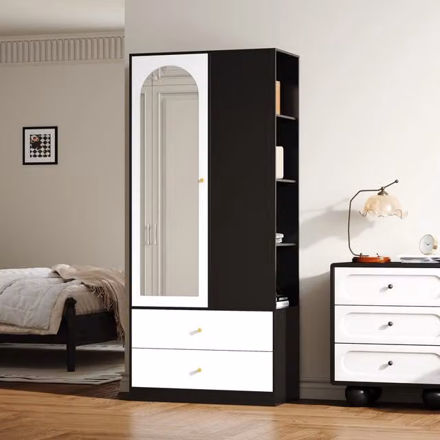 Armadio 1 anta con specchio 2 cassetti e 4 ripiani con appendiabiti per camera da letto in truciolare bianco e nero