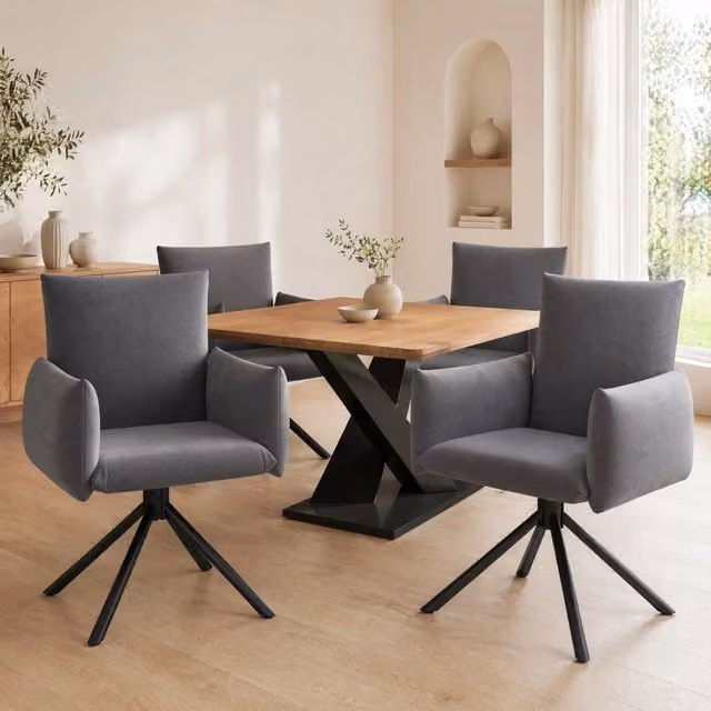 Set di 4 sedie da pranzo girevoli a 360° in velluto grigio con braccioli e gambe in metallo