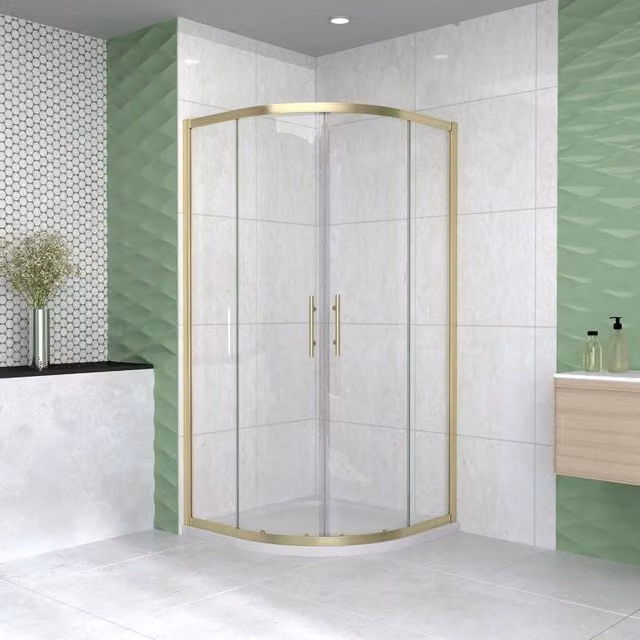 Box Doccia Semicircolare 90X90 cm Porte Scorrevoli Vetro Temperato 6 mm Trasparente Anticalcare Oro Spazzolato 190 cm, Piatto Doccia e Piletta inclusi