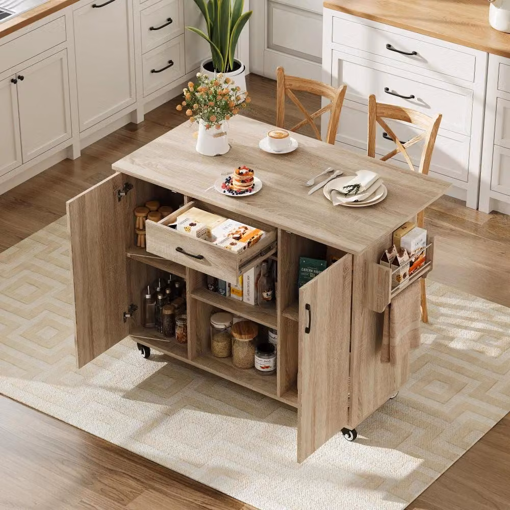 Isola mobile per cucina su ruote - 120 cm - Piano di lavoro pieghevole - Cassetto - Mobile - MDF - Finitura naturale