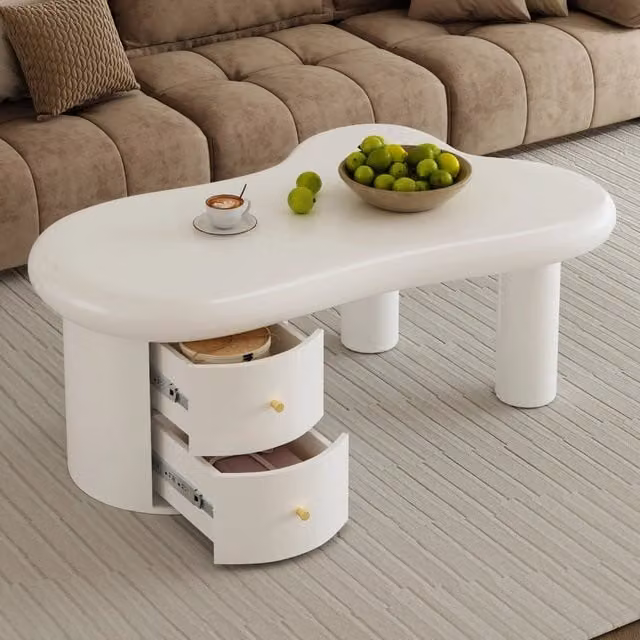 Tavolino da caffè moderno WISHDOR bianco lucido in MDF con forma ovale e angoli arrotondati, L: 97 cm, P: 64 cm, H: 42 cm