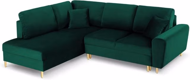 Divano angolare convertibile Kyoto Cosmopolitan Design con contenitore, 5 posti, in velluto verde bottiglia e oro, lato sinistro, L: 243 cm, P: 194 cm, H: 88 cm – 1