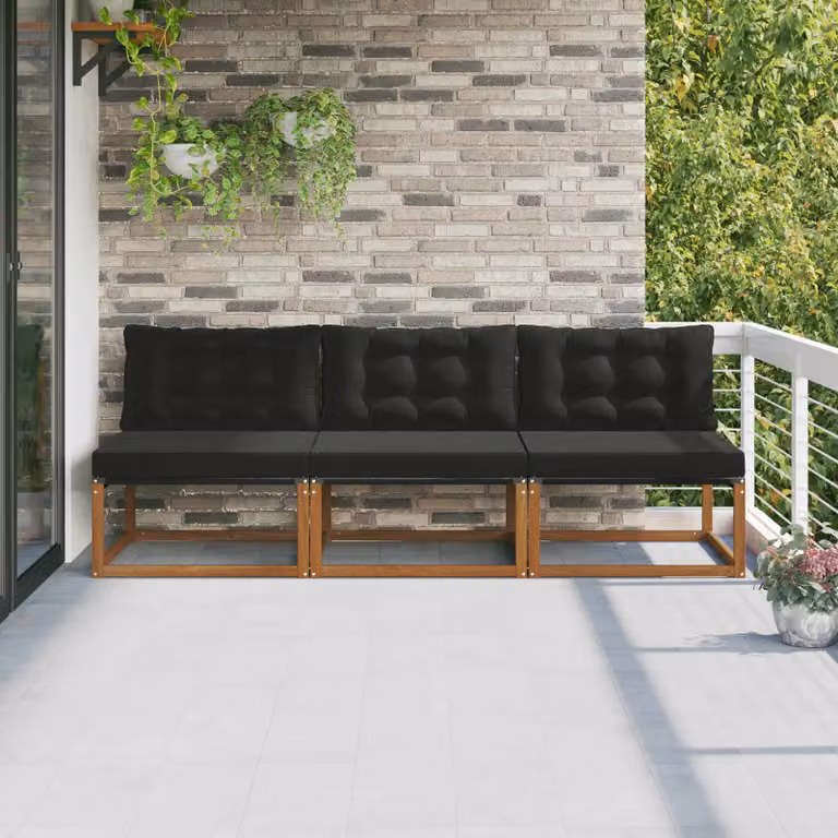 Set di 3 divani centrali da esterno vidaXL in legno di acacia con cuscini imbottiti in tessuto textilene nero e marrone