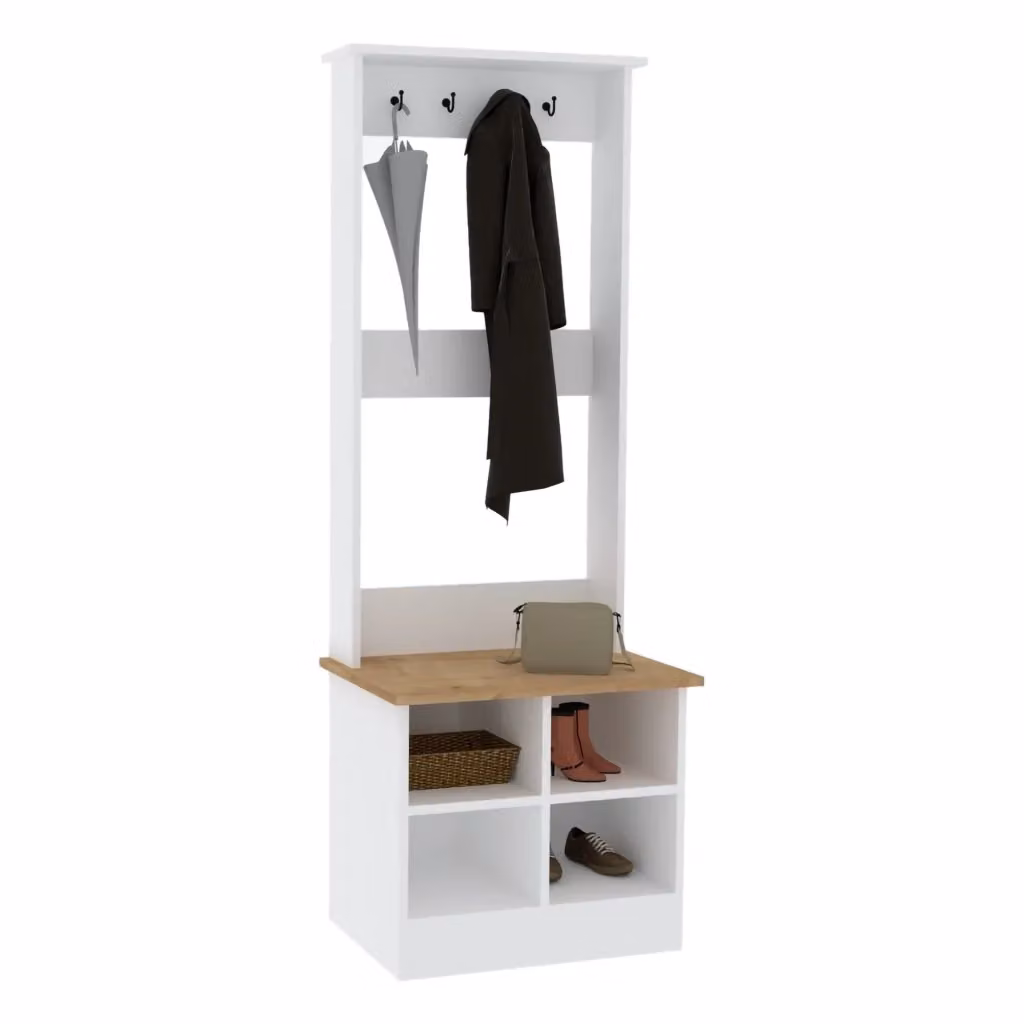 DMORA Mobile da Ingresso Verderio con Ripiani e Ganci, Bianco e Rovere, L: 64 cm, P: 43 cm, H: 175 cm – 2