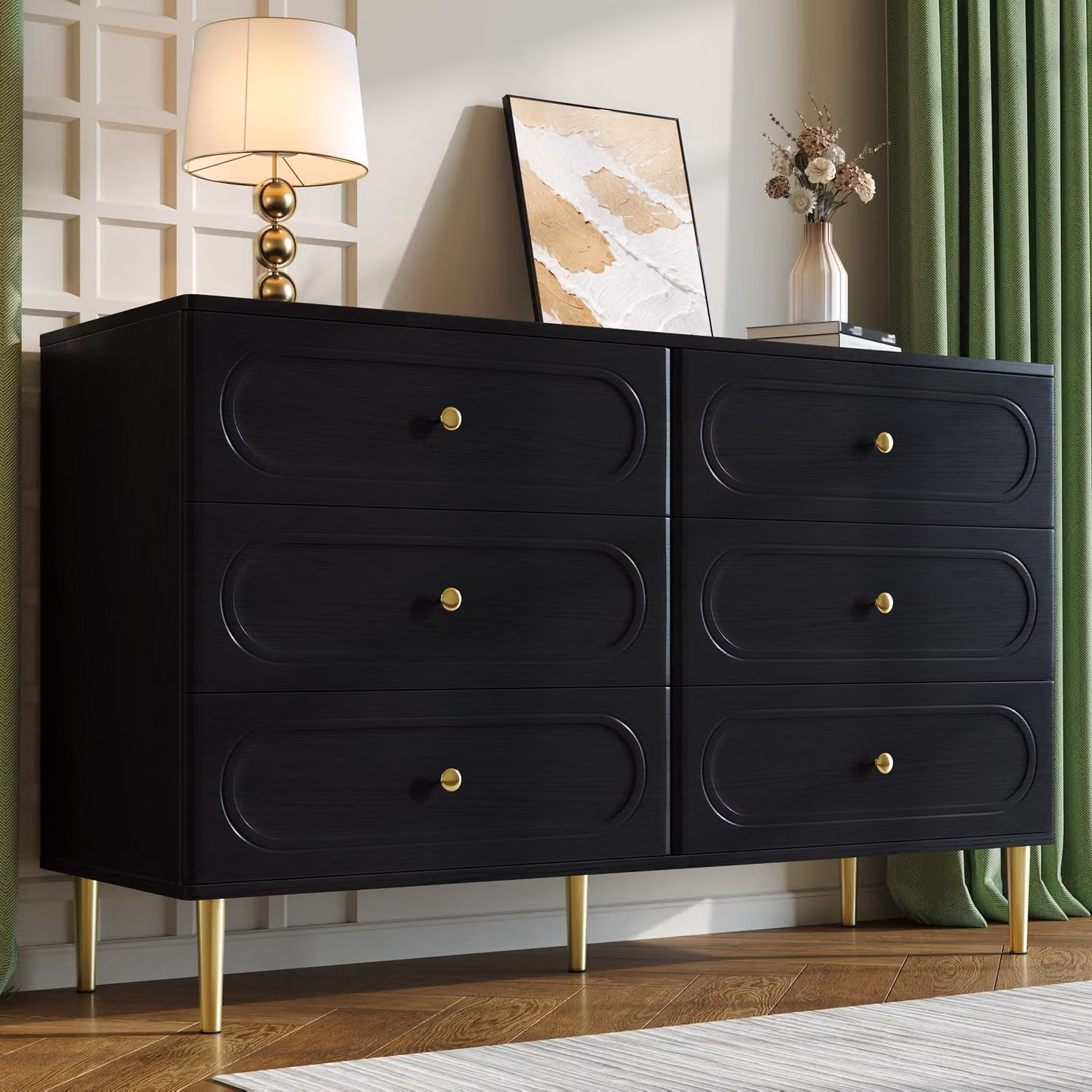 Credenza Merax con 6 cassetti, comò moderno con piedini in metallo e frontali ovali, mobile contenitore per soggiorno e camera da letto, nero