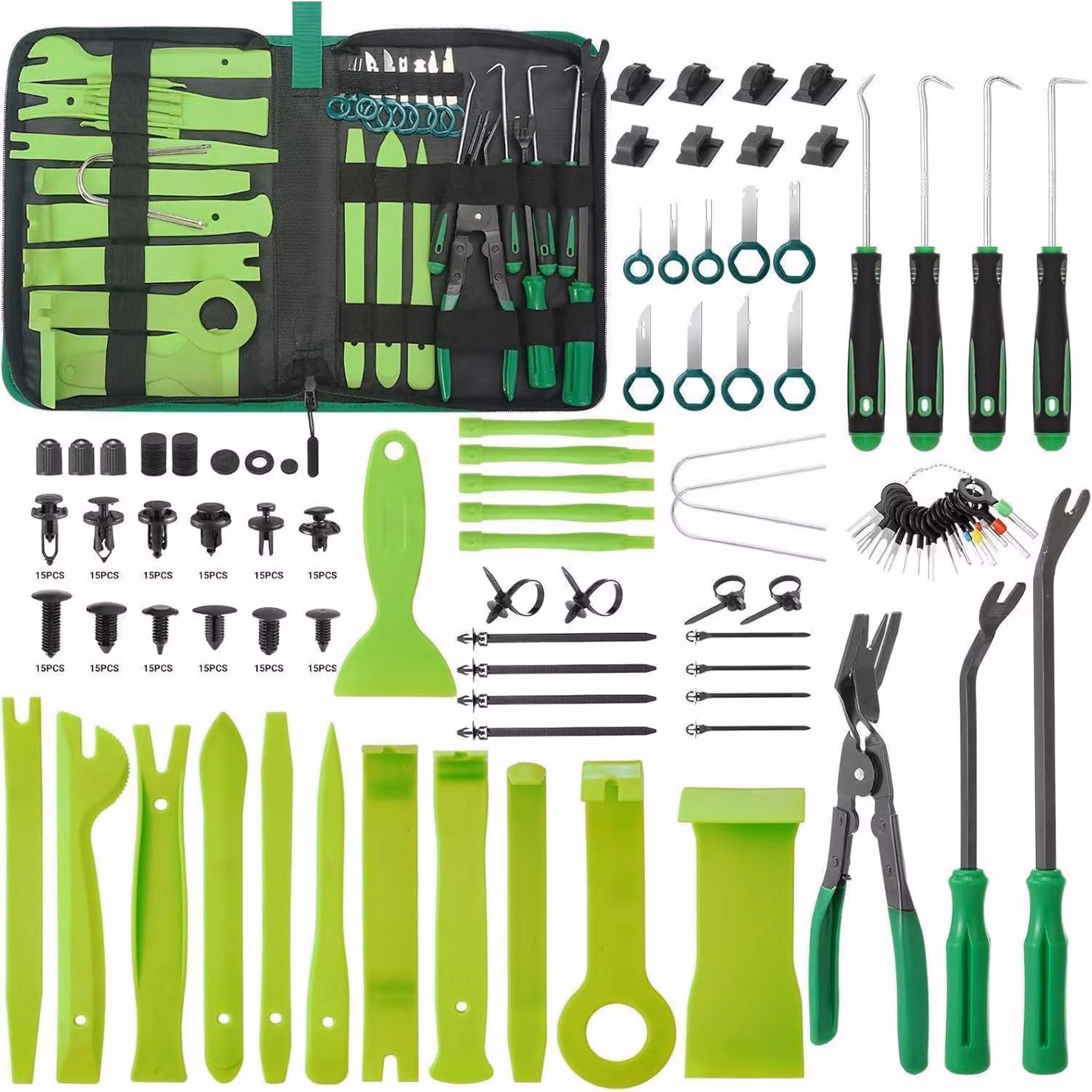 Set di 415 utensili per lo smontaggio di automobili, inclusi: leve in plastica, cunei per modanature e strumenti per la rimozione di rivestimenti, adatti per pannelli delle portiere, autoradio e altre parti