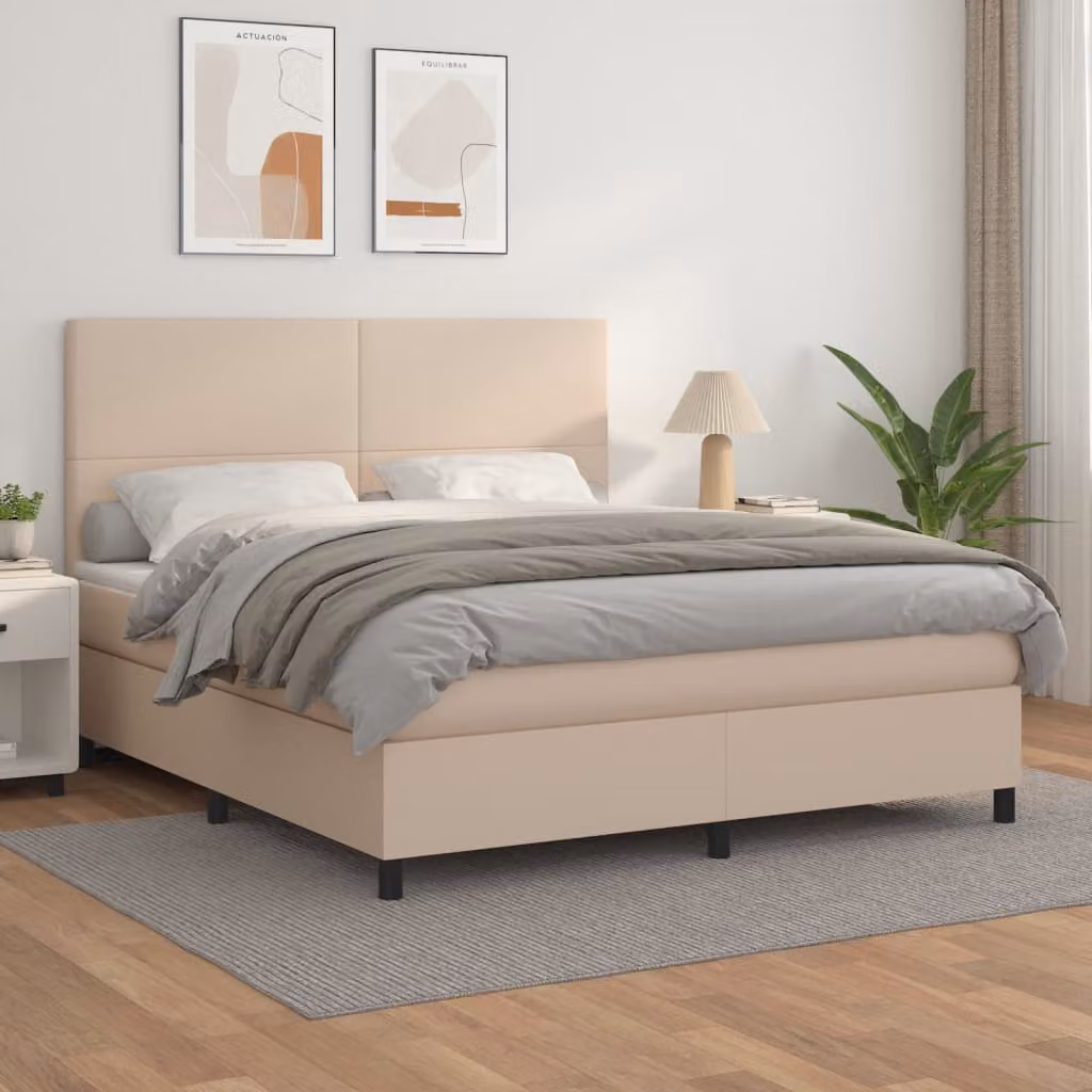 vidaXL Giroletto a Molle con Materasso Ibrido in Similpelle Beige e Bianco L/P/H: 203 x 160 x 128 cm