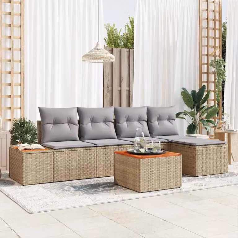 Set Divano da Giardino a L vidaXL 6 Pezzi Beige con Cuscini e Tavolino in Polyrattan e Acciaio