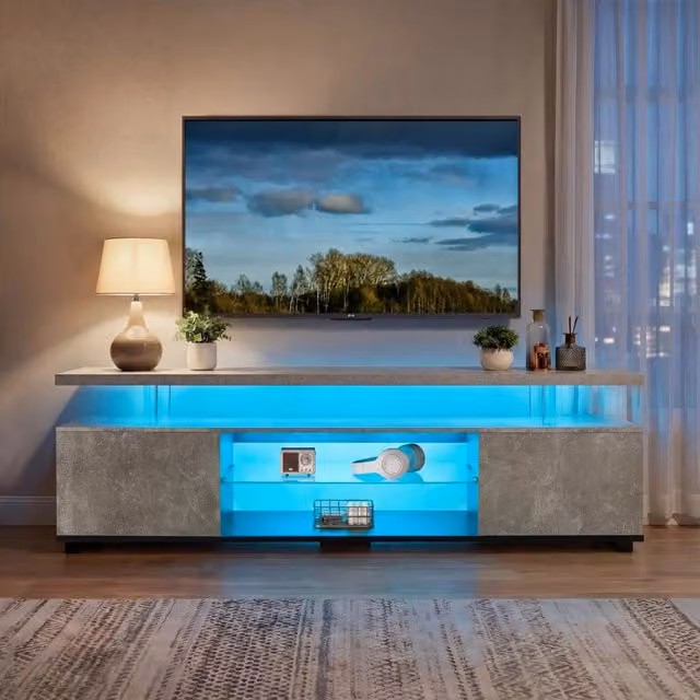Mobile TV con 3 vani chiusi e 1 ripiano aperto con LED, design bicolore per soggiorno in legno ingegnerizzato