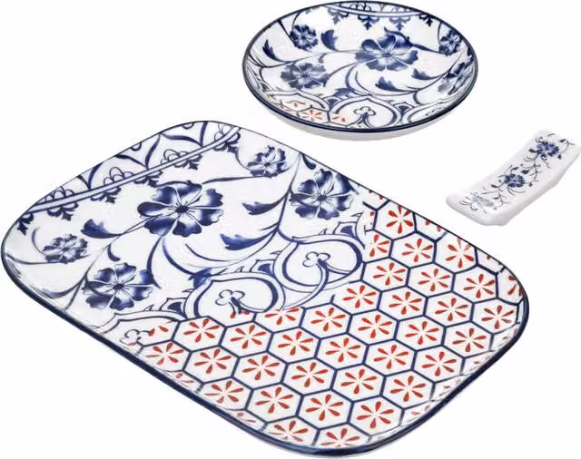 Set sushi Sushiko da 3 pezzi in ceramica con piattino rettangolare da 23 cm, colori blu e rosso