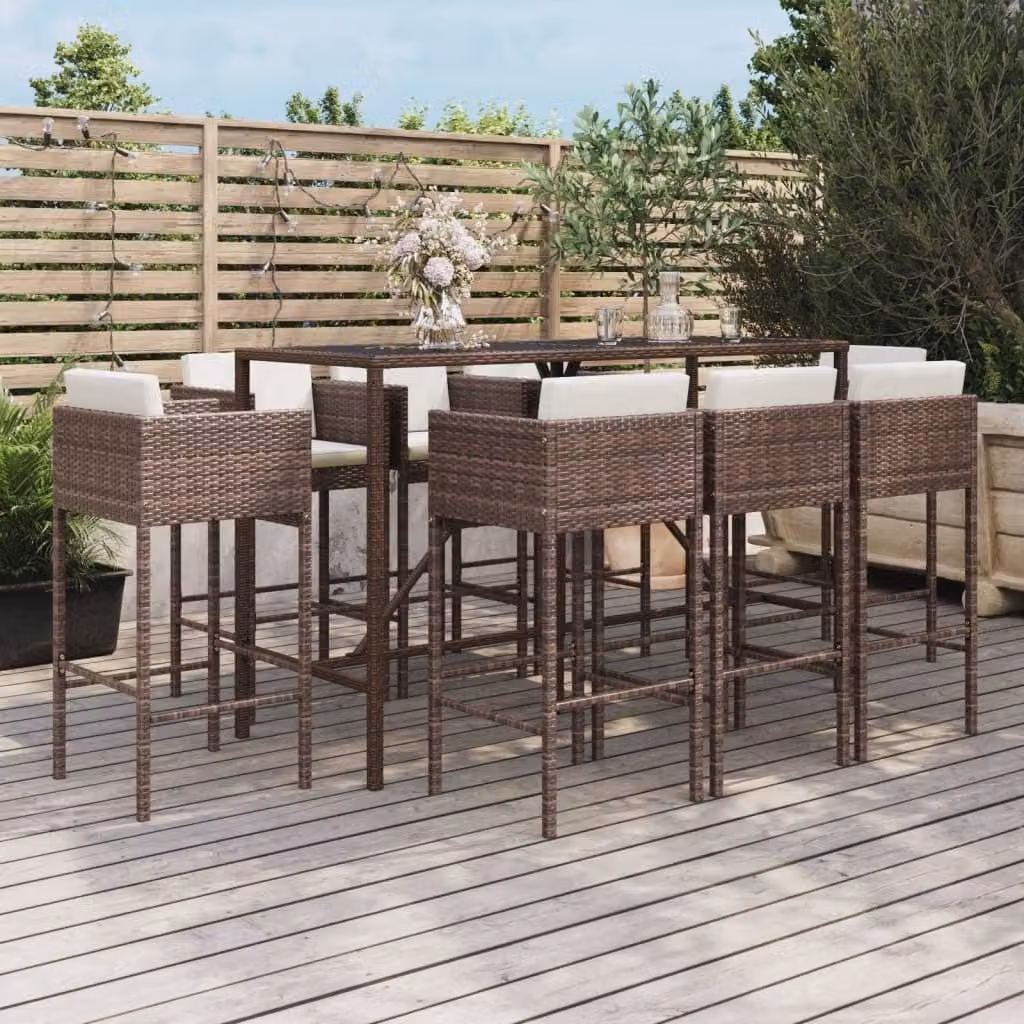The Living Store Set bar da giardino 9 pezzi con cuscini in poly rattan marrone