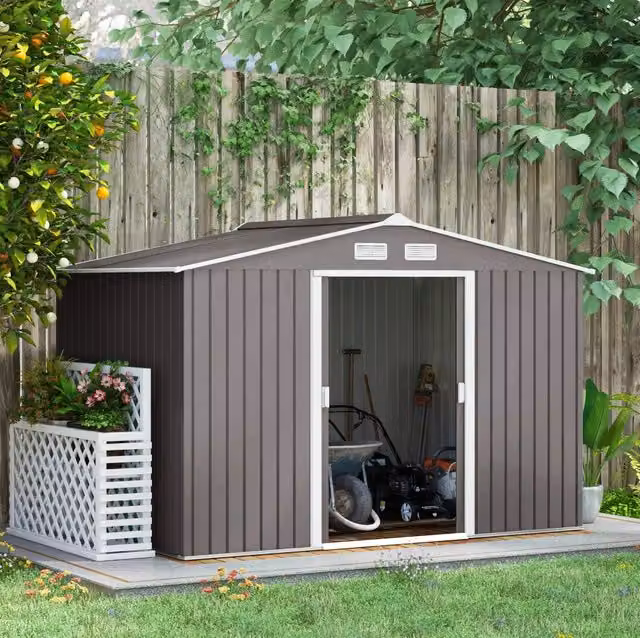 Casetta da giardino in metallo 277x195x192 cm; grigio; in acciaio con porte scorrevoli