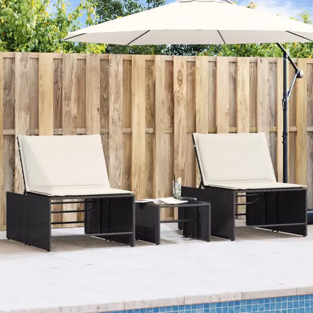 Set di 2 lettini prendisole modulari con tavolo vidaXL in polyrattan nero con poggiatesta regolabile e tessuto resistente ai raggi UV – 1