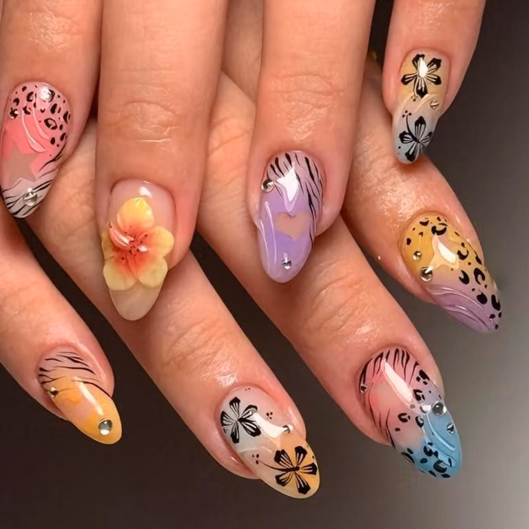 Unghie finte 3D, motivo floreale estivo, motivo leopardo, mix tropicale, confezione da 24 pezzi