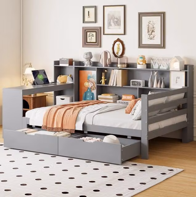 Divano letto multifunzionale 90 x 200 cm in legno grigio con scrivania; mensole e presa USB